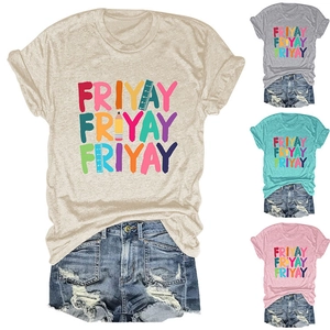 Multiple colors of women's Friyay T-shirt featuring creative pencil and ruler graphics