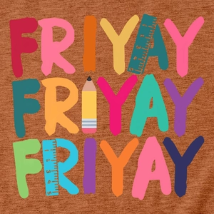 Close-up of Friyay lettering with pencil and ruler print on orange marl t-shirt fabric