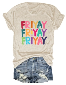 Detailed flat lay of beige T-shirt with Friyay stationery print and distressed denim shorts