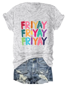 Detail of grey Friyay T-shirt with pencil graphics and distressed denim shorts set