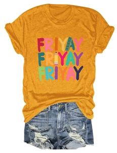 Flat lay of an orange crew neck T-shirt with FRIYAY print and ripped denim shorts