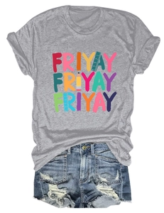 Flat lay of grey t-shirt with Friyay pencil design and distressed blue denim shorts