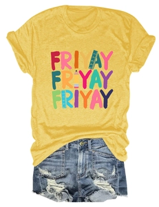Detail of yellow Friyay t-shirt with creative pencil and ruler graphics on cotton fabric