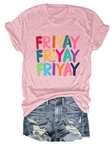 Flat lay of pink cotton T-shirt with Friyay stationery print and denim shorts