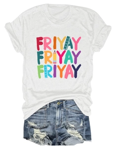 Flat lay of women's white Friyay T-shirt with pencil and ruler print and denim shorts