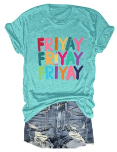 Detail of turquoise T-shirt with pencil Friyay print and ripped denim shorts