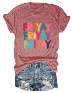Detail of Friyay slogan print with pencil and ruler icons on a red short sleeve T-shirt
