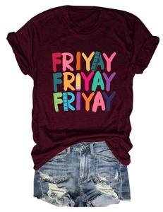 Detail view of burgundy Friyay t-shirt with rainbow print and distressed denim shorts