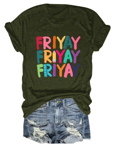 Detail of green Friyay t-shirt with pencil graphics and distressed denim shorts