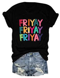 Detailed view of black T-shirt with Friyay pencil and ruler print on flat lay display