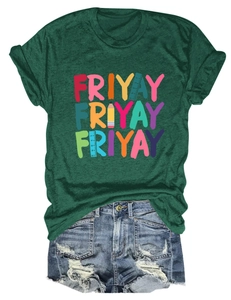 Detail of dark green Friyay cotton t-shirt with pencil graphics and denim shorts