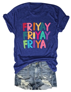 Detail of navy T-shirt with Friyay pencil print and ripped denim shorts set