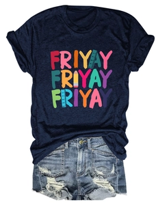 Flat lay of navy t-shirt with Friyay pencil design and distressed denim shorts