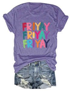 Flat lay of purple Friyay t-shirt with pencil graphics and distressed denim shorts