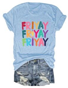 Detail of light blue Friyay t-shirt with rainbow pencil ruler print and denim shorts
