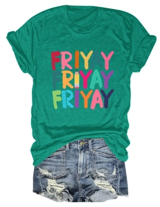 Flat lay of emerald green T-shirt with Friyay print and ripped denim shorts set