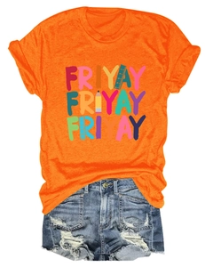 Detail of bright orange Friyay graphic t-shirt with pencil and ruler print on white background