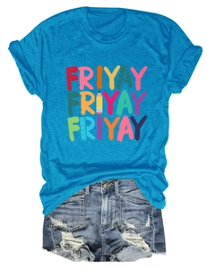 Detail of teal cotton t-shirt with FRIYAY letter print and distressed denim shorts set