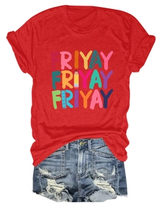 Detailed flat lay of red Friyay t-shirt with pencil graphics and denim shorts set
