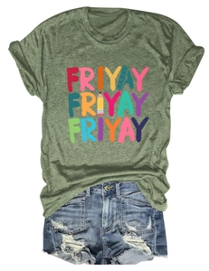 Detailed flat lay of army green Friyay t-shirt with creative pencil and ruler graphics
