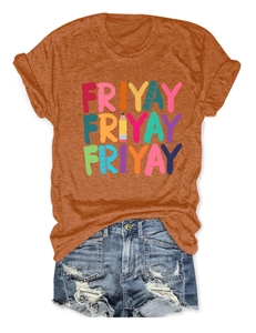 Flat lay of burnt orange Friyay T-shirt with pencil graphics and denim shorts