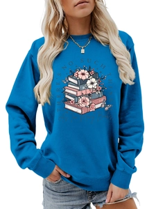 Detail of the high-quality floral print and book quote on this royal blue sweatshirt