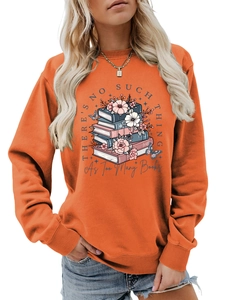 Detail of orange crewneck sweatshirt featuring floral book illustration and slogan print