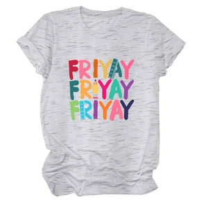 Detail of colorful FRIYAY graphic with pencil and ruler on gray crew neck T-shirt