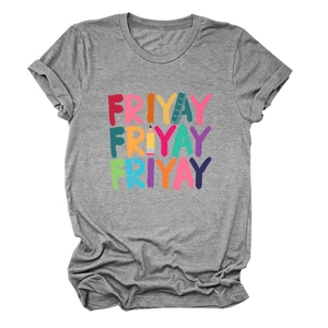 Close-up of grey t-shirt featuring creative colorful Friyay pencil and ruler graphic print