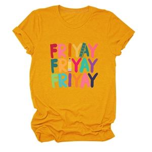 Close-up of Friyay slogan with pencil and ruler print on ginger yellow cotton T-shirt