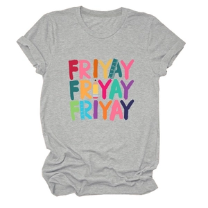 Detail of grey crewneck T-shirt featuring creative FRIYAY pencil and ruler typography