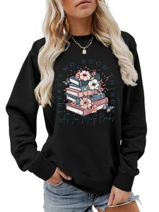 Detail of floral and book graphic print on a black crewneck long-sleeve sweatshirt