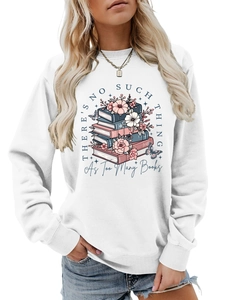 Detail of white crewneck sweatshirt with floral book illustration and literary quote