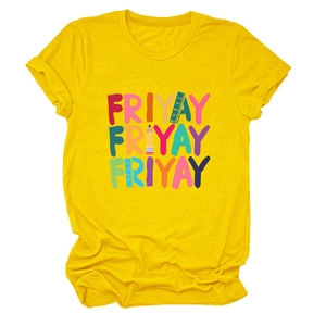 Close-up of bright yellow round neck T-shirt with FRIYAY pencil and ruler print