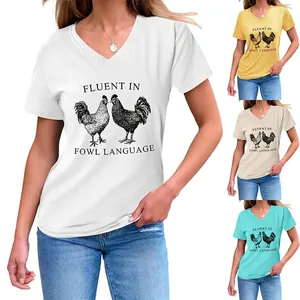 Women Funny Rooster Graphic V Neck Short Sleeve T-Shirt Casual Fluent In Fowl Language Letter Print Summer Side Tie Top