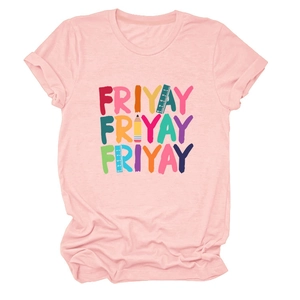 Close-up of pink round neck T-shirt with FRIYAY graphic print featuring pencil and ruler