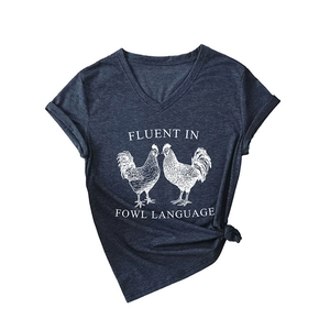 Dark blue V-neck T-shirt with Fluent in Fowl Language print and cuffed sleeves