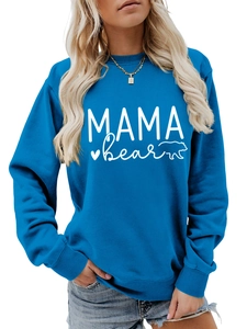 Detail of blue long-sleeve sweatshirt with white MAMA BEAR print and red heart detail