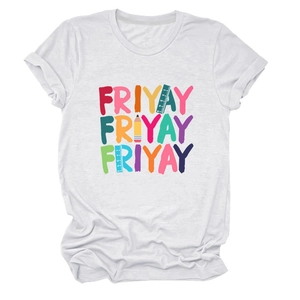 Detail of colorful FRIYAY typography with pencil and ruler icons on white cotton t-shirt