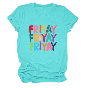 Close-up of FRIYAY print with pencil and ruler icons on green crew neck cotton t-shirt