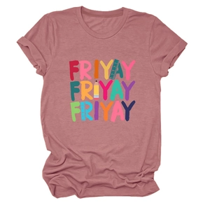 Detail of soft pink T-shirt featuring FRIYAY print with pencil and ruler graphics