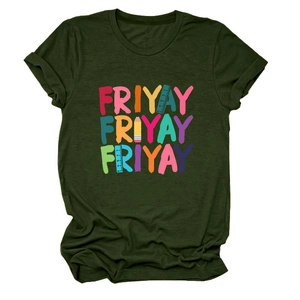 Detail of dark green cotton T-shirt featuring a colorful FRIYAY print with pencil and ruler