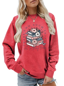 Detail of red sweatshirt with books and floral print featuring No Such Thing text
