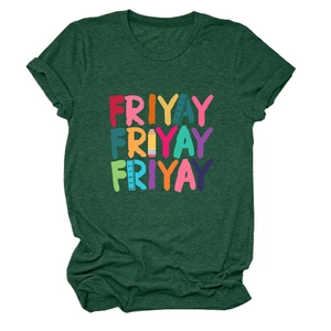 Detail of creative FRIYAY print with pencil and ruler icons on a dark green cotton T-shirt