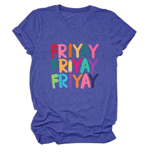 Detail of colorful FRIYAY stationery print on grey crew neck short sleeve T-shirt
