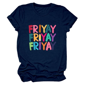 Detail of the navy blue cotton T-shirt featuring a colorful FRIYAY creative print