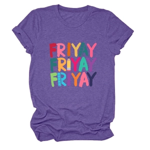 Close-up of purple crew neck t-shirt featuring creative Friyay pencil and ruler graphic