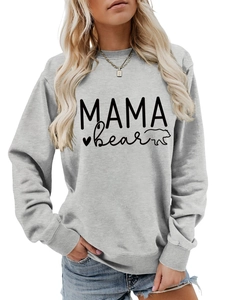 Detail view of MAMA BEAR lettering and bear graphic on gray long sleeve sweatshirt