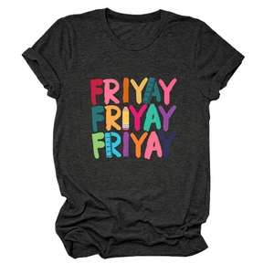 Charcoal grey crew neck T-shirt with Friyay letters and stationery graphic design