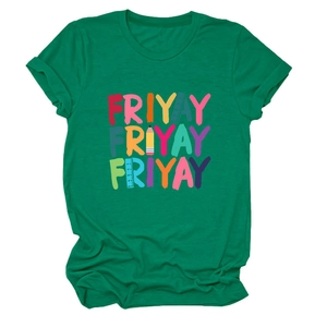 Detail of green cotton T-shirt featuring FRIYAY text with pencil and ruler graphics